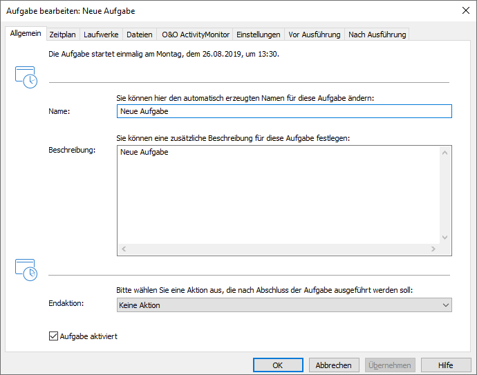 O&O Defrag: Neue Aufgabe anlegen