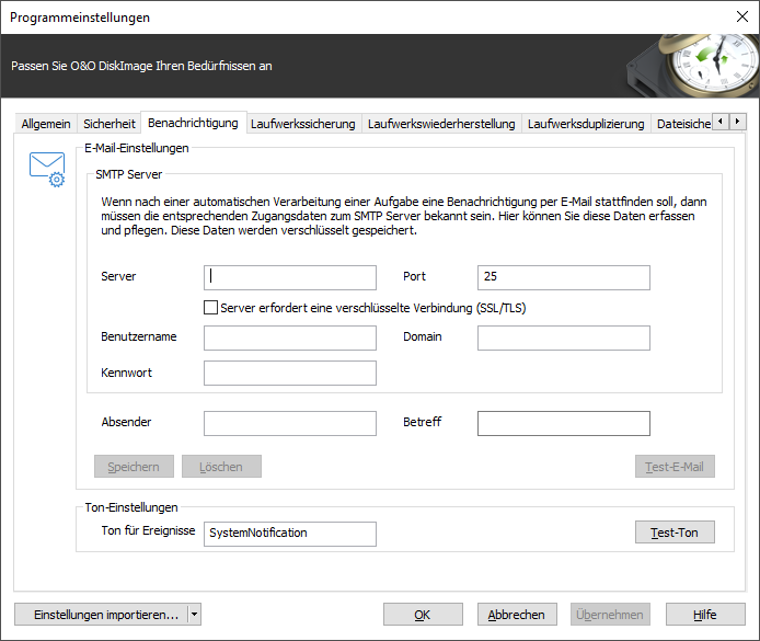 SMTP-Einstellungen für E-Mail Benachrichtigungen