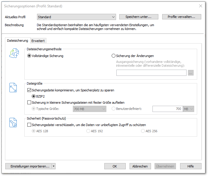 Einstellungen für Dateisicherung
