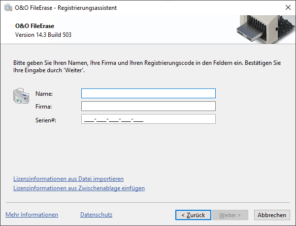 Registrierungsassistent: Lizenz eingeben