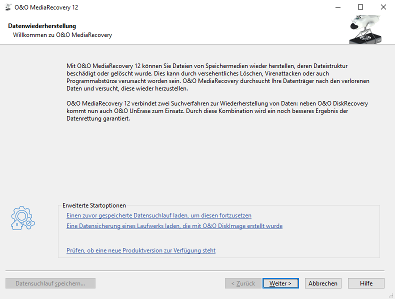 Startbildschirm von O&O MediaRecovery