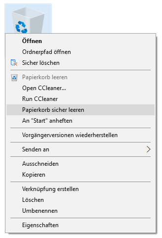 Kontextmenü des Papierkorbs mit Eintrag zum sicheren Löschen