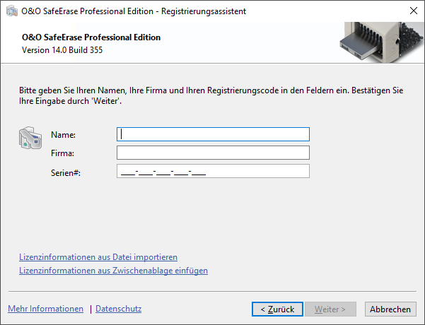 Registrierungsassistent: Lizenz eingeben
