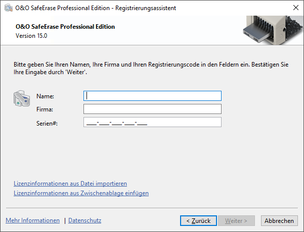 Registrierungsassistent: Lizenz eingeben